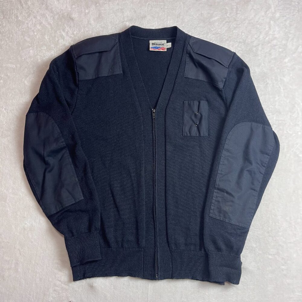 Blauer Commando Men's Navy Blue Full-Zip Sweater Size L Elbow Shoulder Patch